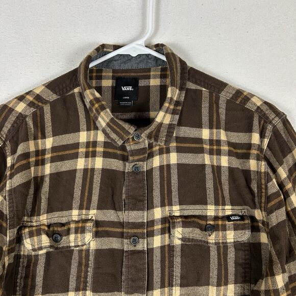 Vans Long Sleeve Button Up Flannel Shirt Mens Size Large Classic Fit Brown Plaid - Picture 3 of 12